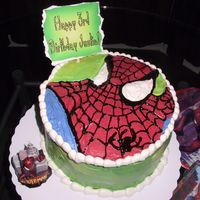 Spiderman Cake For my son's 3rd birthday. Used the method of piping BC on waxed paper over image, then freezing. Then frost entire cake, and lay...