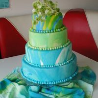 Funky Fondant Cake fondant, fondant, and more fondant,,,,,,,,,, my first one ever,,,,,,,i had to make it match the fabric,,,,, and pictures washed it out a...