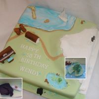 Hobbies Hobby cake designed by client, who insisted it had to be copied exactly! Incl piano, walking boots, youth hut, new zealand, cork, yacht,...