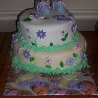 Baby Shower booties and flowers made out of fondant and gumpastetwo tiered cake covered with fondant, 12" and 8" cake