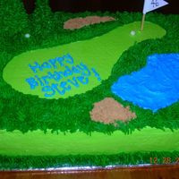 Golf Cake 1/4 sheet cake. Devils food w/ bcd icing. I got this order the day before it was due and he wanted something golf related. I got this idea...