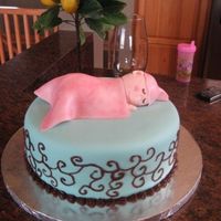 4533_1151040932847_1132328903_.jpg Basic yellow cake with buttercream frosting covered with MMF and chocolate buttercream piping on the side. Baby is made from gumpaste. The...