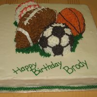 Sports Theme Cake Birthday boy was into all kinds of balls. Used small ball pans for round balls and hand carved the football from a 4 in. square pan....