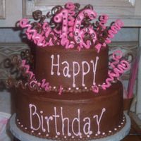 Sweet Sixteen bottom layer is 10" and top is 8". iced in chocolate buttercream. I made pink and chocolate swirls to add dimention to the cake...