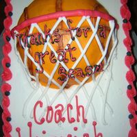 Basketball Cake sheet cake with half a ball pan to get the 3D look of the Basketball & hoopiced in BC Decorated in the teams colors