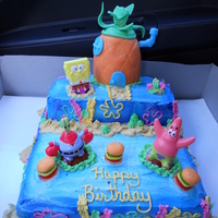 Sponge Bob Sponge Bob birthday cake with gummie burgers.