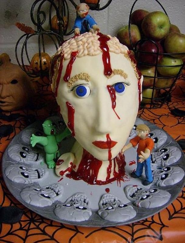 Severed Head Styrofoam from the nose down then cake from the nose up. Covered in Fondant. Decorated with Buttercream and piping gel