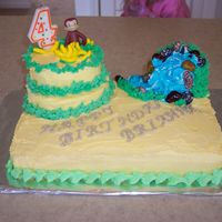 Curious George Curious George and his bananas are sitting atop a smaller birthday cake and my 4 yr old daughter insisted on adding a waterfall too....