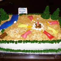 Camping Out White cake w/jimmys, BC frosting w/ fondant campers and sleeping bags. trees are sugar cones covered w/bc, piping gel for the river. I used...