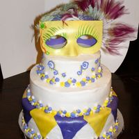 28600003.jpg Each tier a different cake w/ different filling. gumpaste mask's. Fondant accents. it was a alot more work then I thought. Got the...