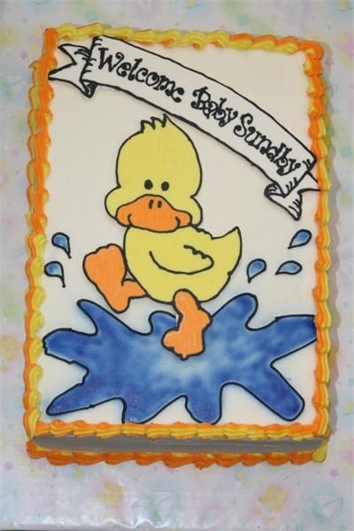 Duck Baby Shower 9x13 torted into 4 layers, FBCT for duck and banner, airbrush puddle. I covered the cake board with wrapping paper and then clear contact...