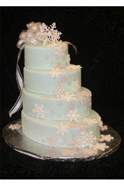 Snowflake Cake Oval cake dummies. Fondant covered. Spackeled with buttercream and then dusted with disco dust( love the stuff!)on the back half, embossed...