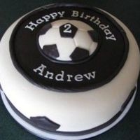 Soccer Cake For Child's 2Nd Birthday The mom asked for a black and white 9" cake with a soccer theme. Butter cake with vanilla buttercream. All decorations are rolled...
