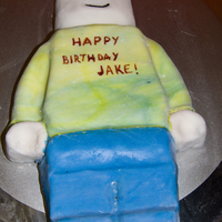 Lego Man Lego man for my son's birthday. Used a pan I got at Legoland, fondant covered dark chocolate cake. His shirt is supposed to look tie-...