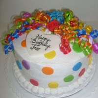 Polka Dot Cake This was a last minute order for rainbow polka dot cake. 8" round, Dk. chocolate cake, BC frosting, fondant dots, rose, and heart (...