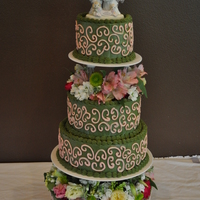 Sage Green & Pink Swirls Wedding Cake I loved the cake without the flowers... first time I ever used fresh flowers and I REALLY loved it after they were put on. This is probably...