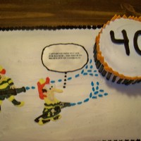 Firemans 40Th Birthday all covered in buttercream icing. The candles and flames are made out of fondant