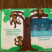 Triplets First Birthday... Story Book Cake edible image of triplets and story, fondant monkeys everything else is buttercream..