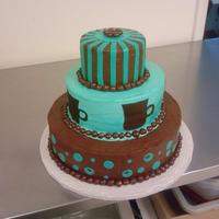 Chocolate And Teal Coffee Used buttercream with fondant accents. Wanted the coffee theme so used chocolate flavored coffee beans.