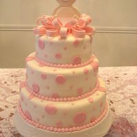 Polka Dot Baby Shower Cake 10, 8, and 10" strawberry and white with mango filling. Covered in MMF and luster dust. The baby topper is a Wilton product.