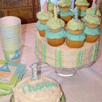 Cupcake Cake I'm uploading some old pictures. This was for my son's 1st birthday party. The main cake is mini cupcakes stacked on regular...