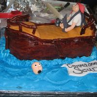 Pirates Pirate ship for a friend. Ship is carved caked covered w/fonant. Boards etched by hand. Pirate and accents all fondant/gumpaste. Water is...