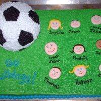 Soccer Team Cake Sheet cake with ball made from sports ball pan. Faces are colorflow. Remind me to never do grass again! tehe