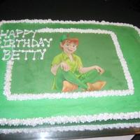 Peterpan Cake Chocolate WASC sheetcake for 4 year old. My first edible image sheet. Peter cracked a little. I wasn't happy with inscription...
