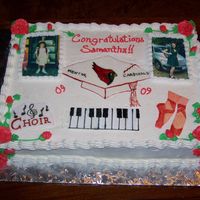 Graduation Cake 1/2 vanilla 1/2 chocolate with strawberry filling. Edible pics.and gum paste accessories. Sugarshack's icing was perfect!!! Thanks for...