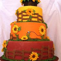 Sunflowers This is my entry for the county fair; design originally done by MadCakeMaker. Fondant, GP flowers and bee, 50/50 barrel, RI leaves and...