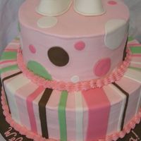 Lookie-A Baby Shower Cake W/ Polka Dots & Stripes! Like we've never seen THIS design before! Well, it's still cute! WASC with Nutella mousse filling, BC, fondant dots and bows,...