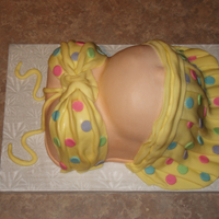Yellow Bikini Belly Cake Belly cake created using a 1/4 sheet cake and the sports ball pan as well as the mini ball pan. Covered in MMF.