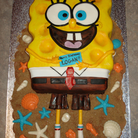 Sponge Bob Squarepants Sponge Bob cake carved from stacked 1/2 sheet cakes and covered in painted MMF. Shells are white chocolate and beach sand is a mix of brown...