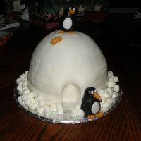 Igloo With Penguins And Fish We had snow, so I decided to make a cake in celebration! It's all covered in fondant and the figures are fondant as well.
