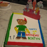 Handy Manny all buttercream with fondant nails and edible image plaque. smash cake all buttercream