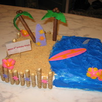 Surfboards And Flowers all buttercream with fondant accents and crushed graham crackers & brown sugar for sand. pirouette cookies for border and palm trees....