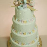 Sweet Pastels A white buttercream with fondant flowers and bow covered with Swiss dots.