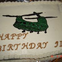 Chinook Our friend works on Chinooks so I did a Chinook helicopter on top of a white cake with a strawberry filling frosted with a crusting cream...