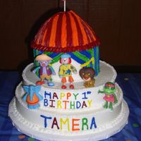 Jo Jo's Circus B-Day Two tier cake iced in BC with Jo Jo toys provided by mom.