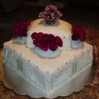 Chinese-Themed Wedding Cake Wedding cake in white and green accents with Chinese "shuang xi" character used for weddings. This was for our "registry&...