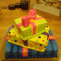 Gift Packages Cake make with square and rectanglar shaped cake and iced to look like a birthday package.