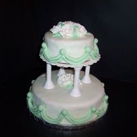 Class 3: 2 Tiered Cake This cake was iced with a crumb coat of pale green buttercream icing. That's why it has a green tint to the white fondant over top....