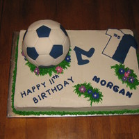Soccer Birthday Cake The bottom is two 9x13 yellow cakes iced with buttercream and fondant accents to give it a girly touch. The ball is made from the wilton...