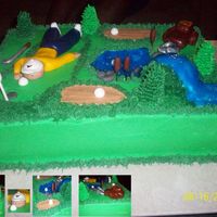 Golf Course 11x15 cake that was part of a two-cake order for a gentleman. All buttercream except for fondant figures. Very time consuming, but fun.