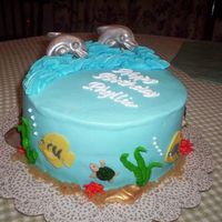 Dolphin Cake The cake is iced in buttercream. Dolphins/shells are choc. The fish I cut out of fondant. Becky Thanks for looking.