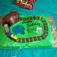 Train Cake Section of bundt cake makes the tunnel, sections of Hershey bars and black icing make the tracks. Blue gel for lake.