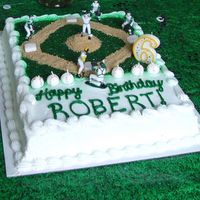 Baseball Cake Green sugar mixed with green cake glitter for turf, fondant for bases. Graham cracker crumbs for dirt.