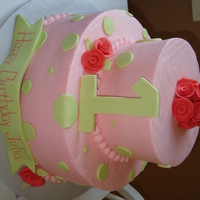 Pink And Green First Birthday Cake mom wanted pink and green and roses since they called their daughter rose. all buttercream. fondant roses, number 1 and banner.