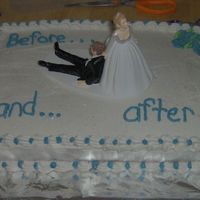 Before This is a yellow cake covered in buttercream and flowers with the figurine purchased by the mother of the bride to put on top