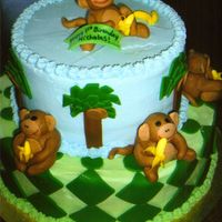Monkey Cake Buttercream icing with fondant accents, monkeys made of fondant wtih food writer faces.